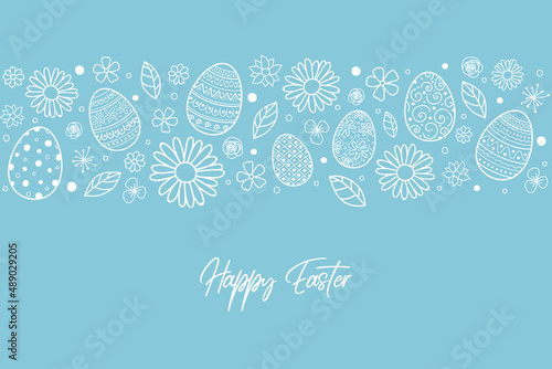 Easter greeting card with decorative eggs nad flowers. Vector