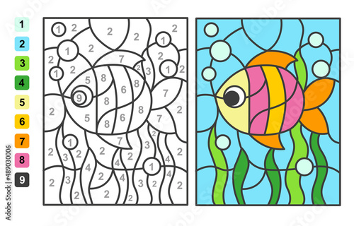 Color by numbers sea and ocean life. Puzzle game for children education, colors for drawing and learning mathematics