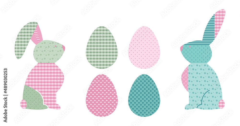 Happy Easter SET with spring vector illustration bunny or rabbit and eggs in pastel tartan pattern flat design, POP ART style.