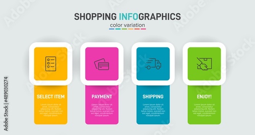 Concept of shopping process with 4 successive steps. Four colorful graphic elements. Timeline design for brochure, presentation, web site. Infographic design layout.