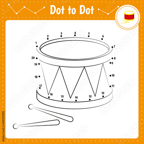Educational game for preschool children. Vector illustration. Connect the dots. Drum
