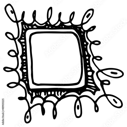 Spiral square frame with doodles, great design for any purpose. A border with a wave line, dots and strokes drawn by hand, an isolated contour drawing on white with an empty space inside. Grunge textu