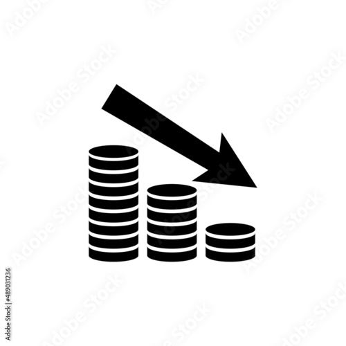 Financial Crisis, Money Stack Down, Costs Cut. Flat Vector Icon illustration. Simple black symbol on white background. Financial Crisis, Costs Cut sign design template for web and mobile UI element.