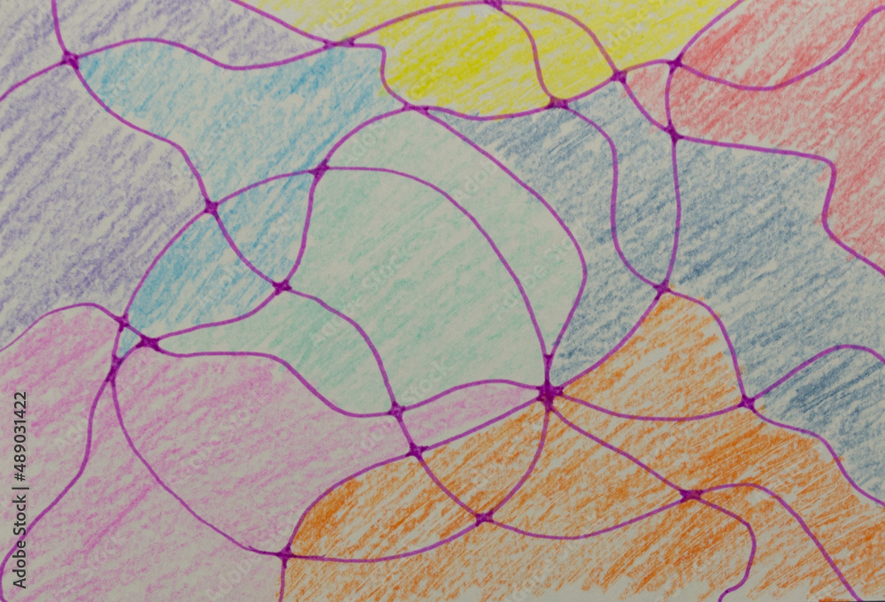 colorful paper background with red, pink, purple wave lines and circles draw with markers and pen of different colors