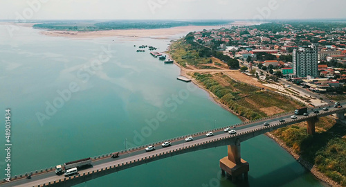 Aerial drone view of Mekong River at Koh Paen Island, Kampong Cham, Cambodia photo