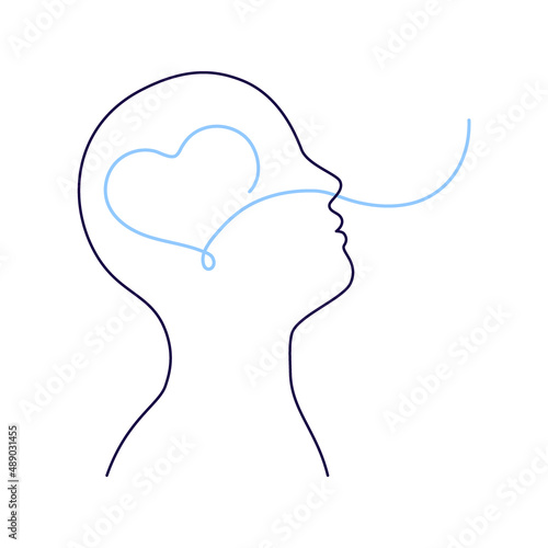 Breathing exercise, deep breath throught nose for good work brain. Healthy yoga and relaxation. Vector outline illustration