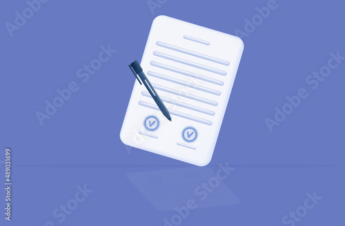 Contract form 3d. Filling and execution of documents. The formal signing of a deal, agreement, power of attorney. The process of approving and completion a contract. Paper page with signature. Vector