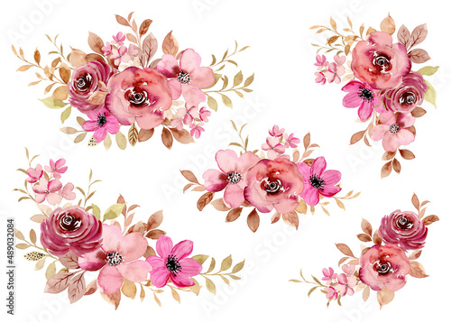 Burgundy rose flower arrangement collection with watercolor