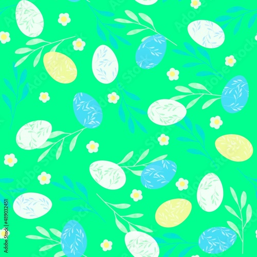 Easter seamless pattern of colorful eggs on light green background with little flowers, white and blue twigs.
