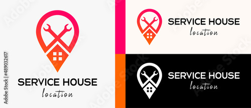 service house location logo design template with spanner concept in pin icon. map or location icon vector illustration, premium vector