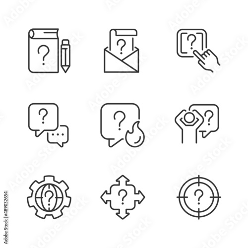 Necessary information service linear icons set. Answers on users questions. Finding solution. Customizable thin line symbols. Isolated vector outline illustrations. Editable stroke