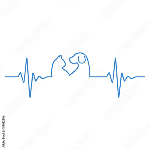 Linear illustration of the logo of the veterinary clinic. Dog and cat with a pulse on a white background