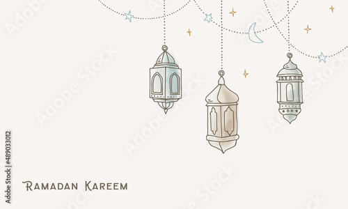 Garlands with hanging colorful arab lanterns, stars and lights. Greeting card, invitation for muslim holiday Ramadan Kareem. Party decoration. Hand drawn ector illustration background. Watercolor art.