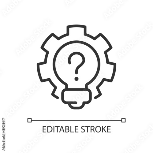Creative question linear icon. Lightbulb and cogwheel. Invention and innovation idea. Thin line illustration. Contour symbol. Vector outline drawing. Editable stroke. Arial font used