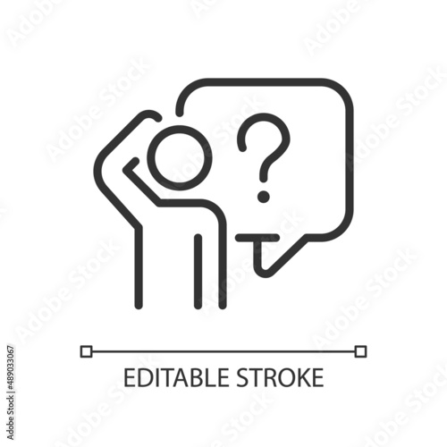 Bewildered person linear icon. Looking for answer on question. Searching information source. Thin line illustration. Contour symbol. Vector outline drawing. Editable stroke. Arial font used