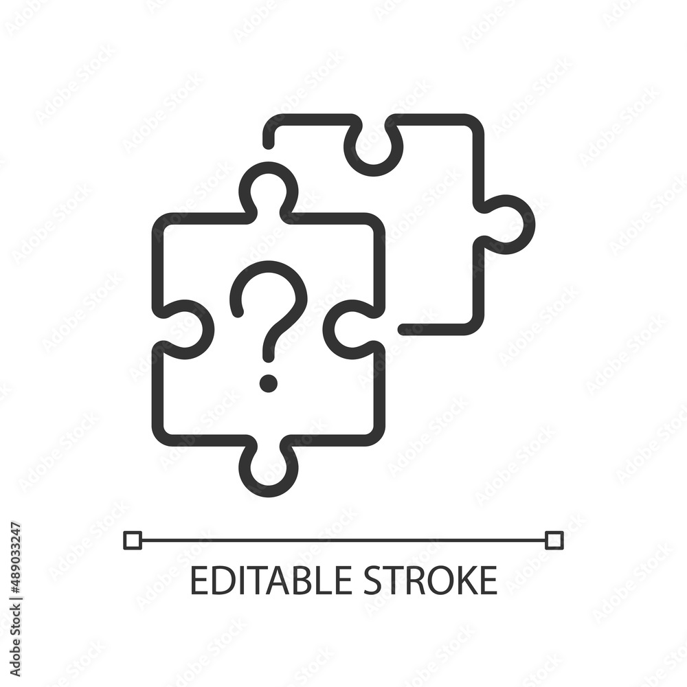 Unsolved puzzle linear icon. Jigsaw pieces and question mark. Difficult task solution. Thin line illustration. Contour symbol. Vector outline drawing. Editable stroke. Arial font used Unsolved puzzle linear icon. Jigsaw pieces and question mark. Difficult task solution. Thin line illustration. Contour symbol. Vector outline drawing. Editable stroke. Arial font used