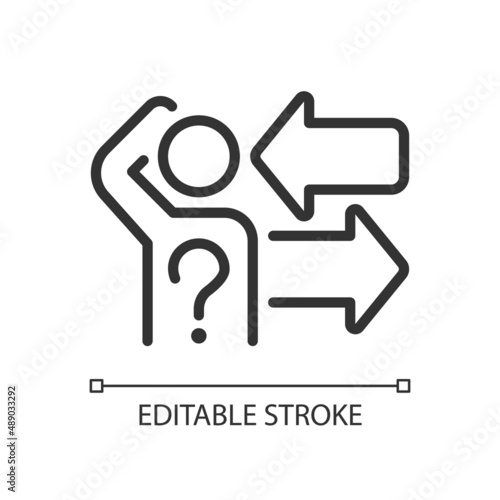 Difficult choice linear icon. Thinking person, question mark and arrows. Problem solving. Thin line illustration. Contour symbol. Vector outline drawing. Editable stroke. Arial font used