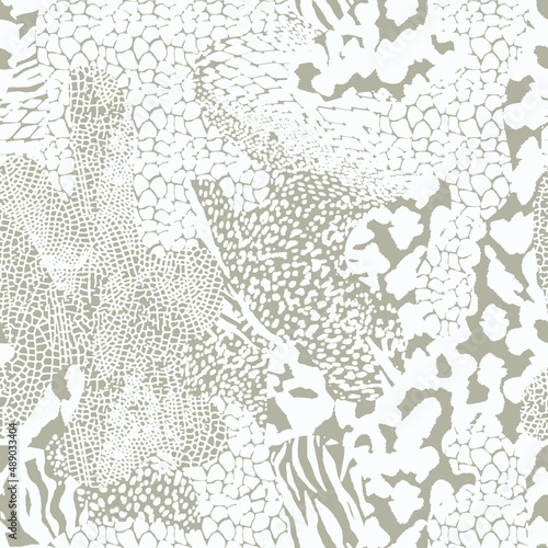 Seamless animal skin fashion patterns. Spotted and striped abstract geometric backgrounds. Set of decorative leopard, tiger and zebra fur textures. Luxury trendy textile print swatches.