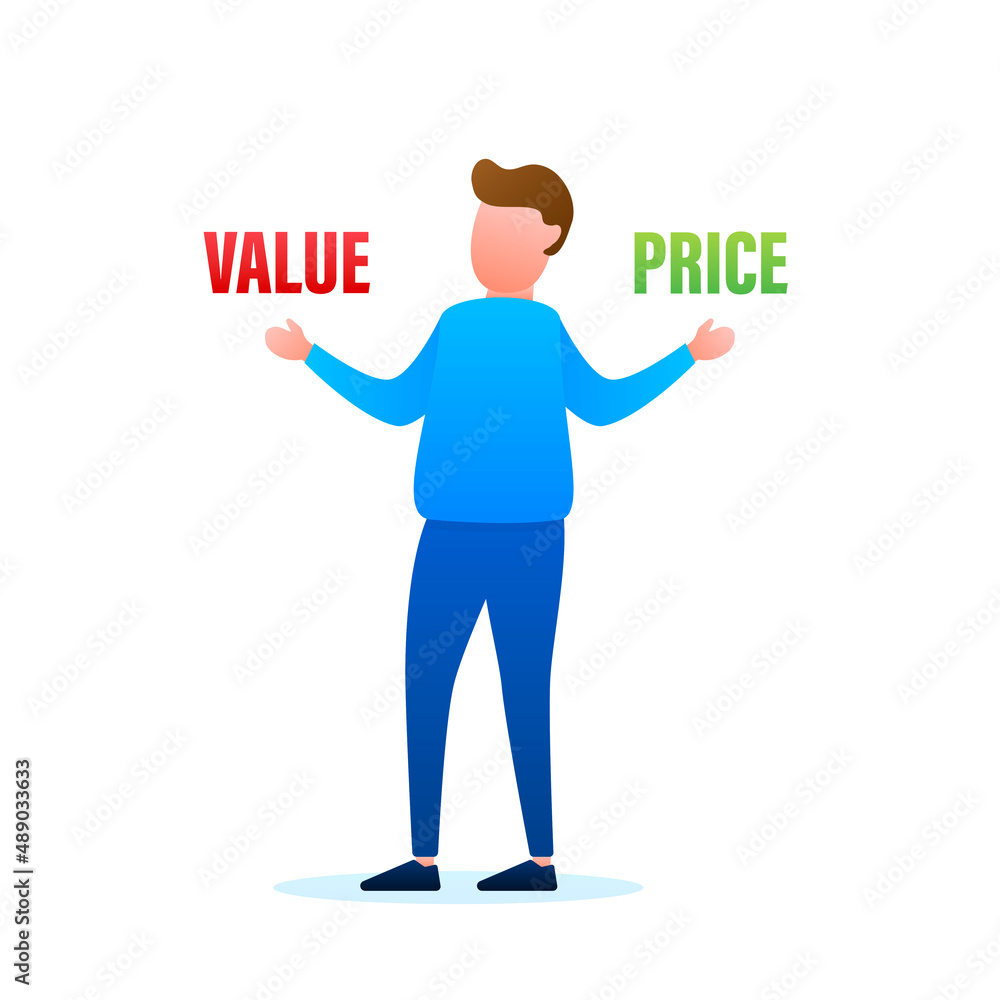Man choosing between two options Value and Price. Vector stock illustration Man choosing between two options Value and Price. Vector stock illustration
