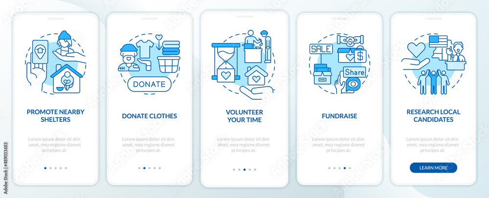 Homelessness assistance blue onboarding mobile app screen. Volunteering walkthrough 5 steps graphic instructions pages with linear concepts. UI, UX, GUI template. Myriad Pro-Bold, Regular fonts used Homelessness assistance blue onboarding mobile app screen. Volunteering walkthrough 5 steps graphic instructions pages with linear concepts. UI, UX, GUI template. Myriad Pro-Bold, Regular fonts used