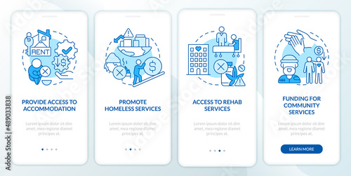 Government supportive programs blue onboarding mobile app screen. Walkthrough 4 steps graphic instructions pages with linear concepts. UI, UX, GUI template. Myriad Pro-Bold, Regular fonts used