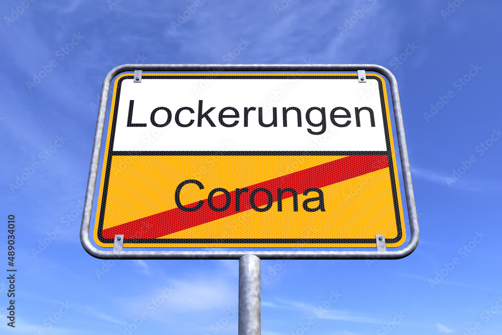 Obraz premium 3d Illustation - Ortsschild - Ortstafel - Corona - Lockerungen - Himmel - Wolken