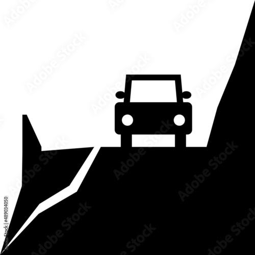 Beware of landslide natural disaster with car on travel street road warning sign black icon flat vector design.