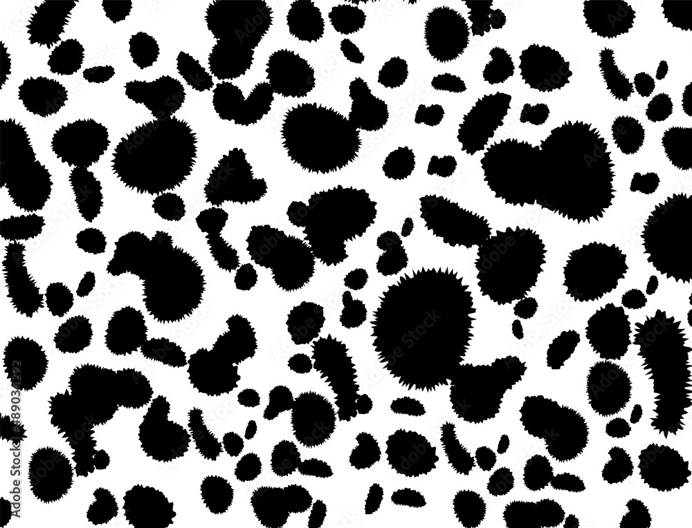 Fototapeta premium Dalmatian pattern Cow texture Animal skin template Spot background Vector design illustration Random bovine spots Farm animal textural banner Black chaotic spots isolated on white