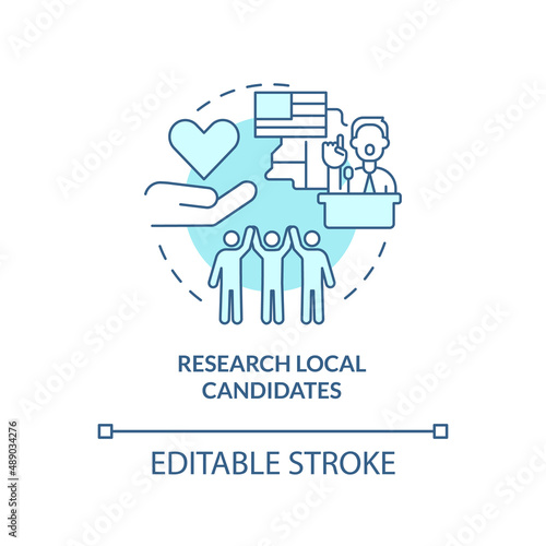 Research local candidates turquoise concept icon. Helping homeless people abstract idea thin line illustration. Isolated outline drawing. Editable stroke. Arial, Myriad Pro-Bold fonts used