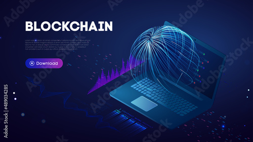 Blockchain technology background. Abstract finance internet technology and cryptocurrency exchange. Abstract sport background. Big data and data protection. Purple flow 3d vector illustration.