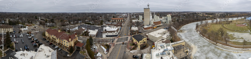 Aerial panorama from a drone of Frankenmuth, Michigan