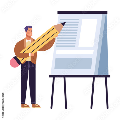 businessman writing in paperboard
