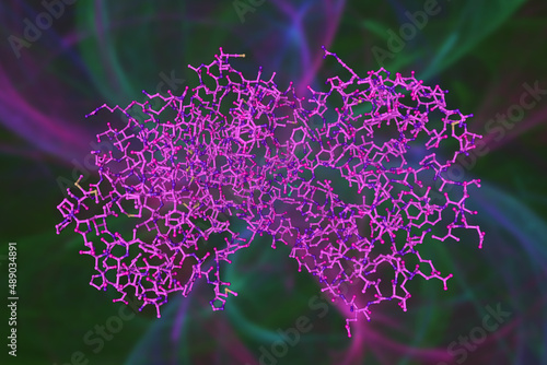 Molecular model of human mitogen activated protein kinase 11(p38 beta) in complex with nilotinib. Rendering based on protein data bank entry 3gp0. 3d illustration