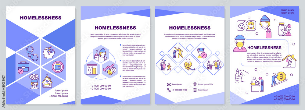 Experiencing homelessness blue brochure template. Social problem. Leaflet design with linear icons. 4 vector layouts for presentation, annual reports. Arial-Black, Myriad Pro-Regular fonts used