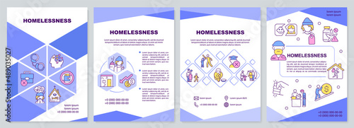 Experiencing homelessness blue brochure template. Social problem. Leaflet design with linear icons. 4 vector layouts for presentation, annual reports. Arial-Black, Myriad Pro-Regular fonts used