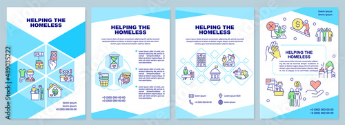 Helping homeless people turquoise brochure template. Supportive program. Leaflet design with linear icons. 4 vector layouts for presentation, annual reports. Arial-Black, Myriad Pro-Regular fonts used