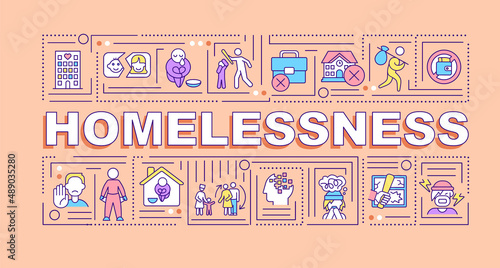 Homelessness word concepts terracotta banner. Experiencing hunger and abuse. Infographics with icons on color background. Isolated typography. Vector illustration with text. Arial-Black font used