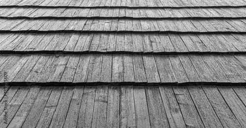 Horizontal view of wooden roof. Wood roofing pattern detail.