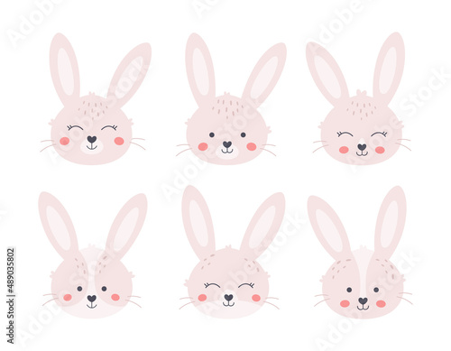 Cute bunnies faces. Year of the Rabbit. Easter white bunny. Hand drawn vector illustration 