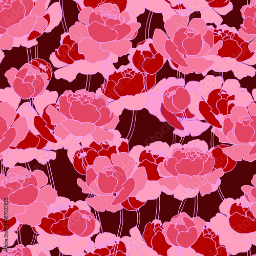 botanical floristic contour flowers peonies open buds .Trendy hand drawn vector isolated minimalistic  floral pattern. Seamless texture for web, textile and stationery. 
