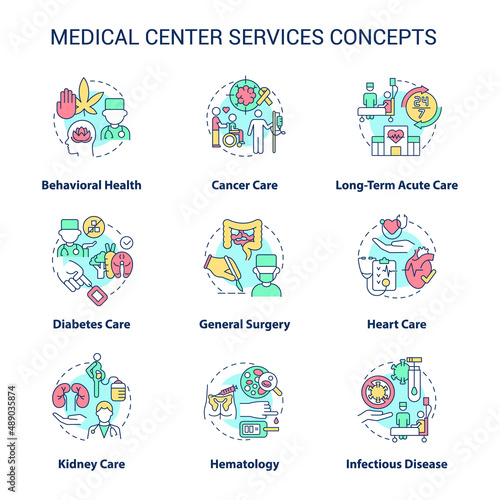 Medical center services concept icons set. Professional patient care idea thin line color illustrations. Isolated symbols. Editable stroke. Roboto-Medium, Myriad Pro-Bold fonts used