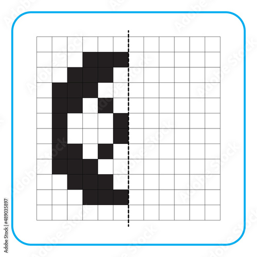 Picture reflection educational game for kids. Learn to complete symmetry worksheets for preschool activities. Tasks for coloring grid pages, picture mosaics, or pixel art. Finish the car tires.