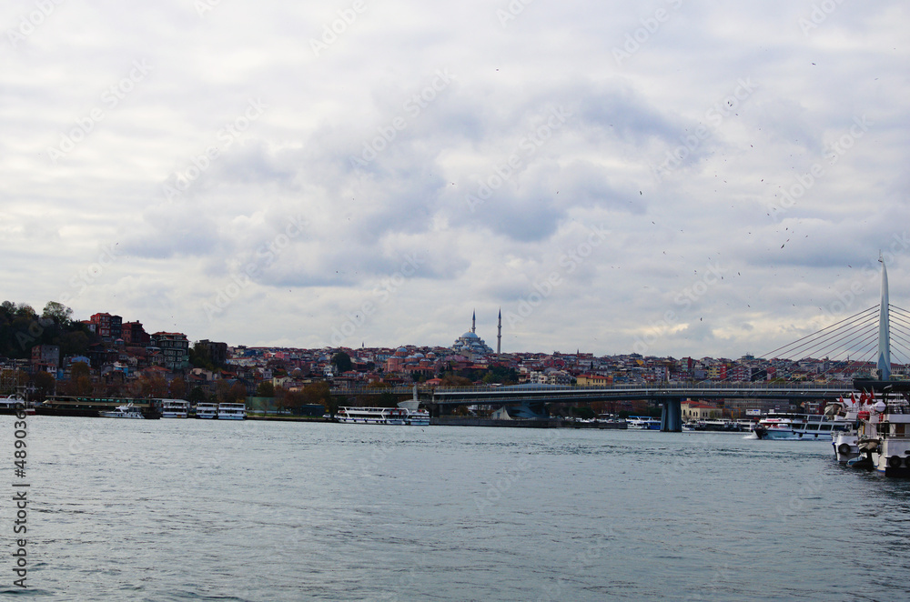 Scenic landscape view of the area of Eminonu in the Fatih district on the Golden Horn with Suleymaniye Mosque on a cloudy autumn day