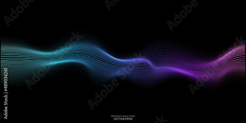 Vector wave lines flowing dynamic in colorful blue purple isolated on black background for concept of AI technology, digital, communication, science, music