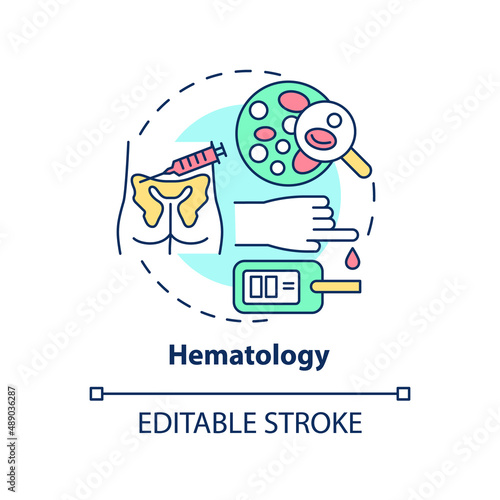 Hematology concept icon. Blood studying and analyzing. Medical center service abstract idea thin line illustration. Isolated outline drawing. Editable stroke. Arial, Myriad Pro-Bold fonts used