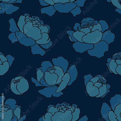 botanical floristic contour flowers peonies open buds .Trendy hand drawn vector isolated minimalistic  floral pattern. Seamless texture for web, textile and stationery. 