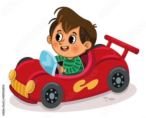 Vector illustration of little boy driving a toy car.