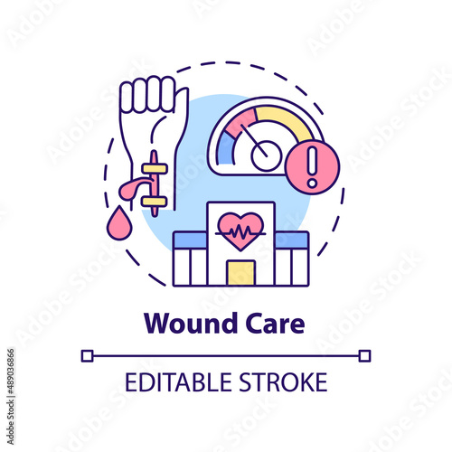 Wound care concept icon. Injury treatment. Medical center service abstract idea thin line illustration. Isolated outline drawing. Editable stroke. Arial, Myriad Pro-Bold fonts used
