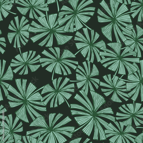 Fan palm leaves seamless pattern on. Vintage foliage of palmetto in engraving style.