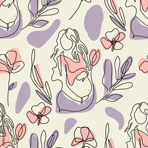 Pregnant woman seamless elegant one line beige seamless pattern